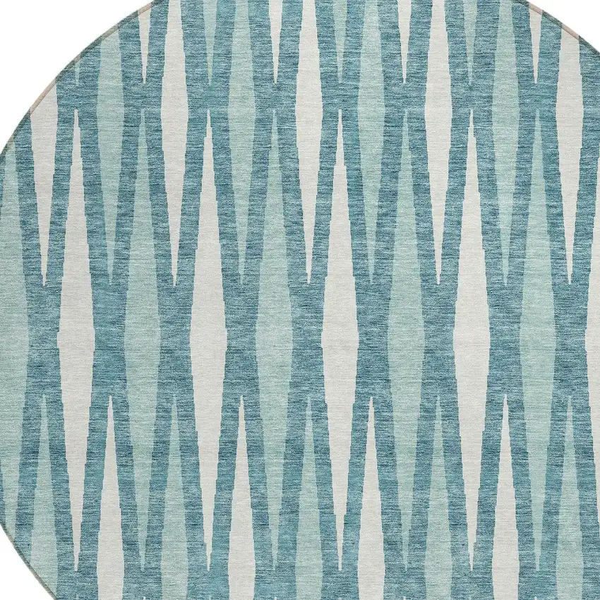 8' Teal Blue And Ivory Round Geometric Washable Indoor Outdoor Area Rug Photo 4