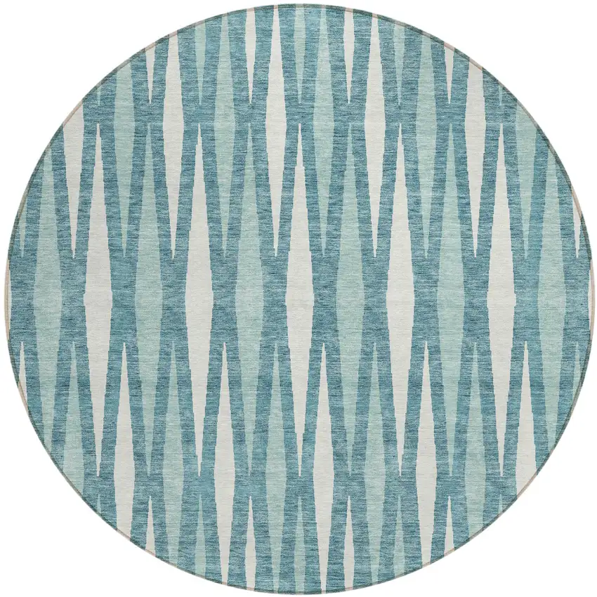 8' Teal Blue And Ivory Round Geometric Washable Indoor Outdoor Area Rug Photo 2