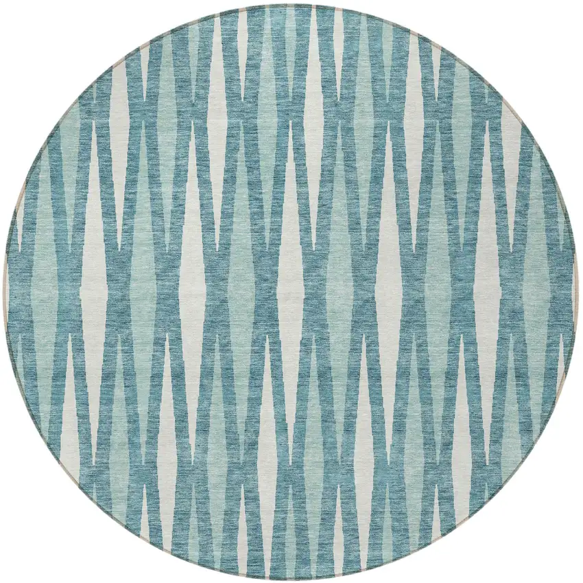 8' Teal Blue And Ivory Round Geometric Washable Indoor Outdoor Area Rug Photo 5