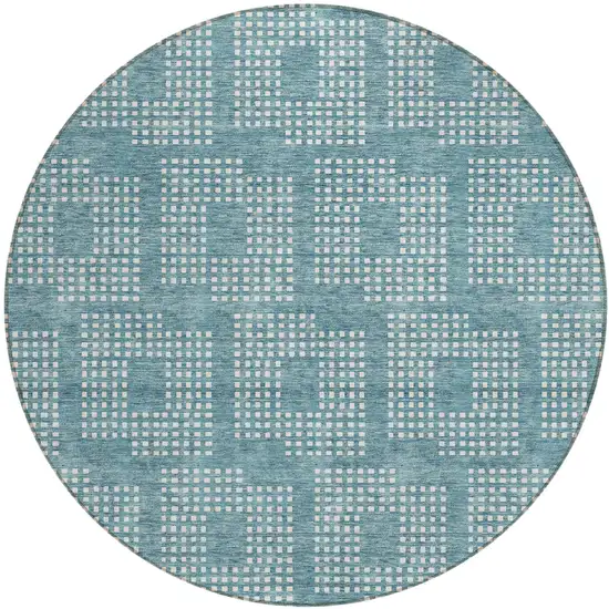 8' Teal Blue And Ivory Round Geometric Washable Indoor Outdoor Area Rug Photo 2