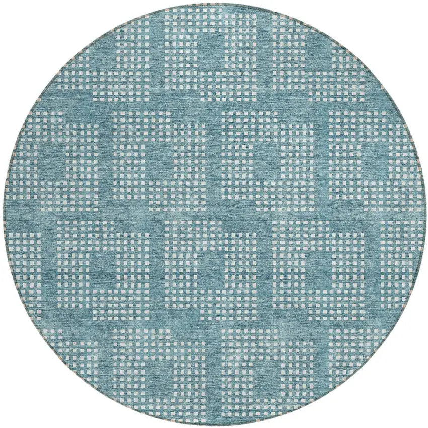 8' Teal Blue And Ivory Round Geometric Washable Indoor Outdoor Area Rug Photo 2