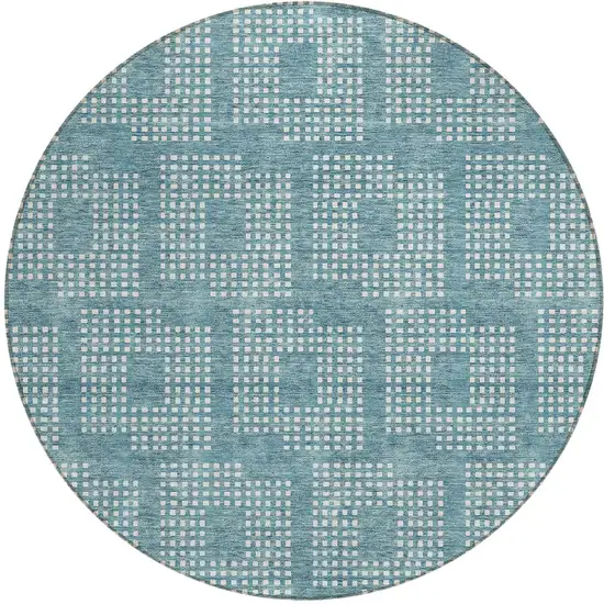 8' Teal Blue And Ivory Round Geometric Washable Indoor Outdoor Area Rug Photo 5