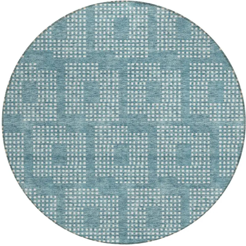 8' Teal Blue And Ivory Round Geometric Washable Indoor Outdoor Area Rug Photo 5