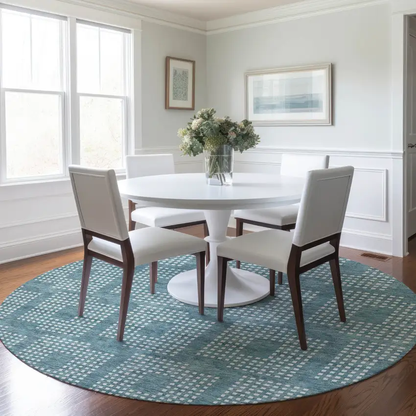 8' Teal Blue And Ivory Round Geometric Washable Indoor Outdoor Area Rug Photo 7