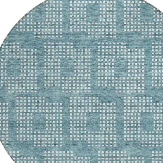 8' Teal Blue And Ivory Round Geometric Washable Indoor Outdoor Area Rug Photo 4