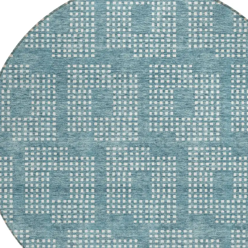8' Teal Blue And Ivory Round Geometric Washable Indoor Outdoor Area Rug Photo 4