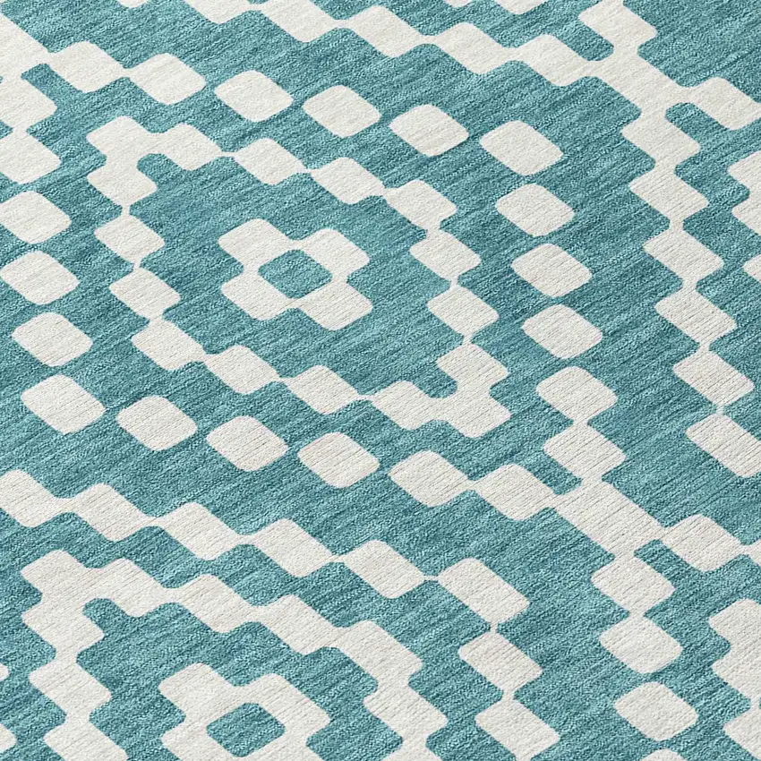 8' Teal Blue And Ivory Round Geometric Washable Indoor Outdoor Area Rug Photo 8