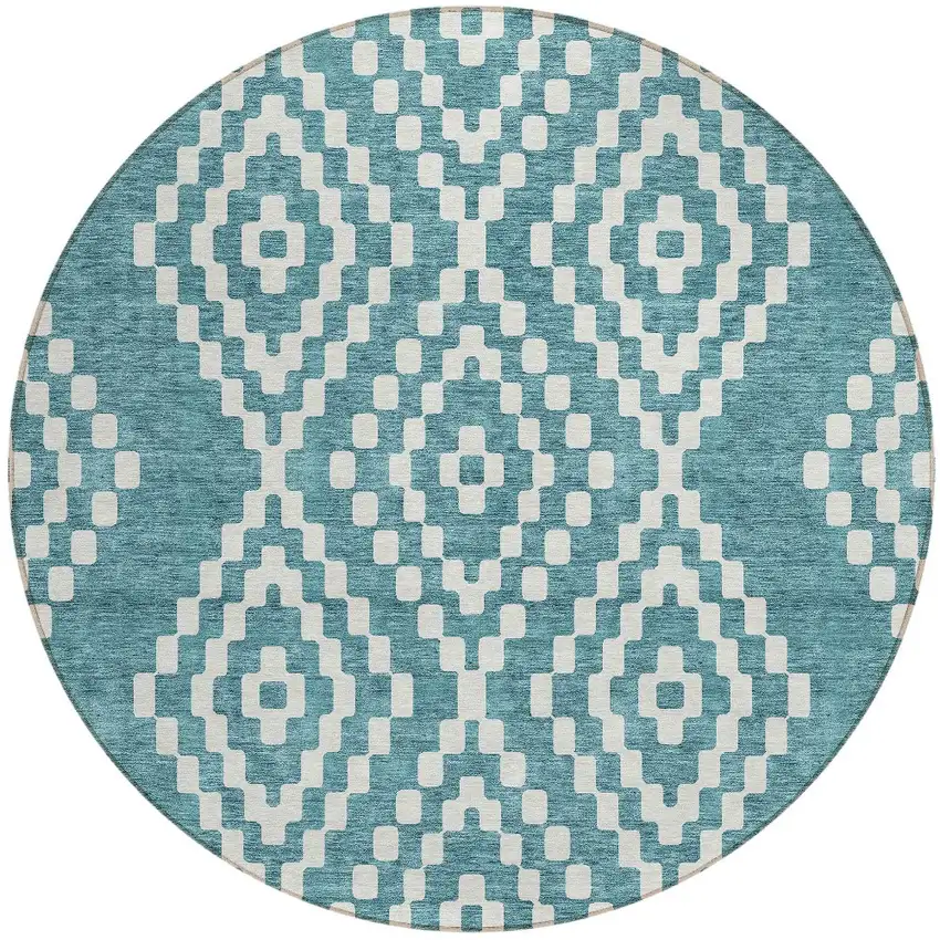 8' Teal Blue And Ivory Round Geometric Washable Indoor Outdoor Area Rug Photo 5