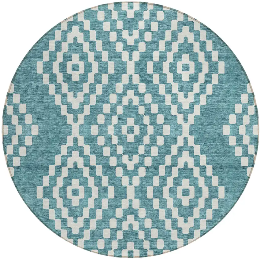 8' Teal Blue And Ivory Round Geometric Washable Indoor Outdoor Area Rug Photo 2