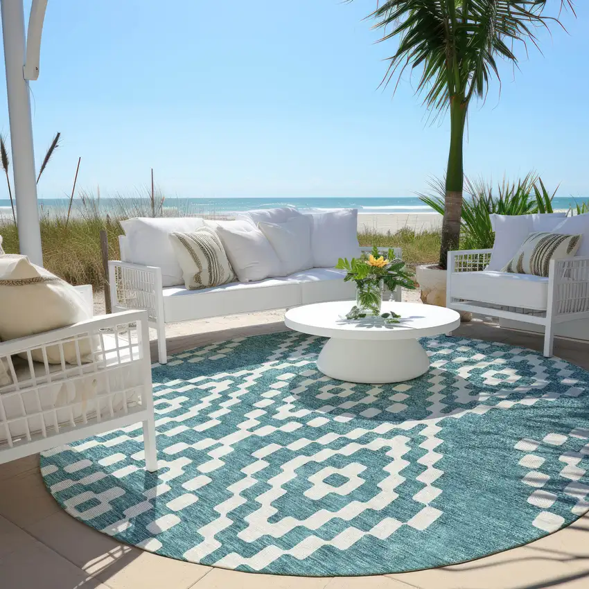 8' Teal Blue And Ivory Round Geometric Washable Indoor Outdoor Area Rug Photo 6