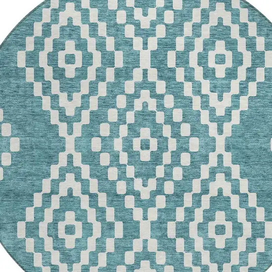 8' Teal Blue And Ivory Round Geometric Washable Indoor Outdoor Area Rug Photo 4