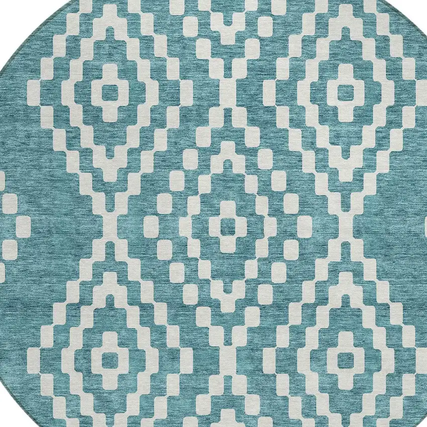 8' Teal Blue And Ivory Round Geometric Washable Indoor Outdoor Area Rug Photo 4