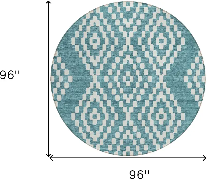 8' Teal Blue And Ivory Round Geometric Washable Indoor Outdoor Area Rug Photo 3