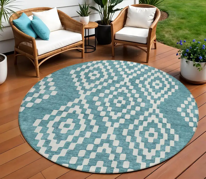 8' Teal Blue And Ivory Round Geometric Washable Indoor Outdoor Area Rug Photo 1