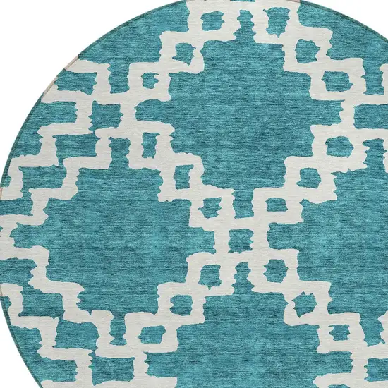 8' Teal Blue And Ivory Round Geometric Washable Indoor Outdoor Area Rug Photo 4