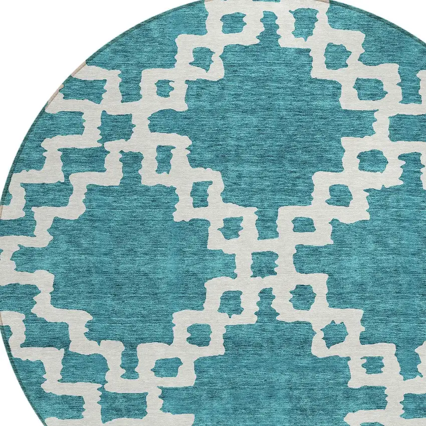 8' Teal Blue And Ivory Round Geometric Washable Indoor Outdoor Area Rug Photo 4