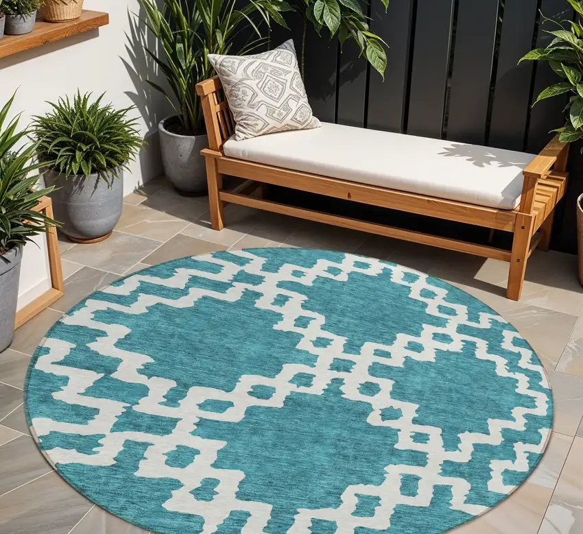 8' Teal Blue And Ivory Round Geometric Washable Indoor Outdoor Area Rug Photo 1