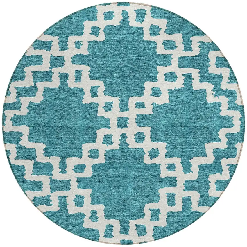 8' Teal Blue And Ivory Round Geometric Washable Indoor Outdoor Area Rug Photo 5