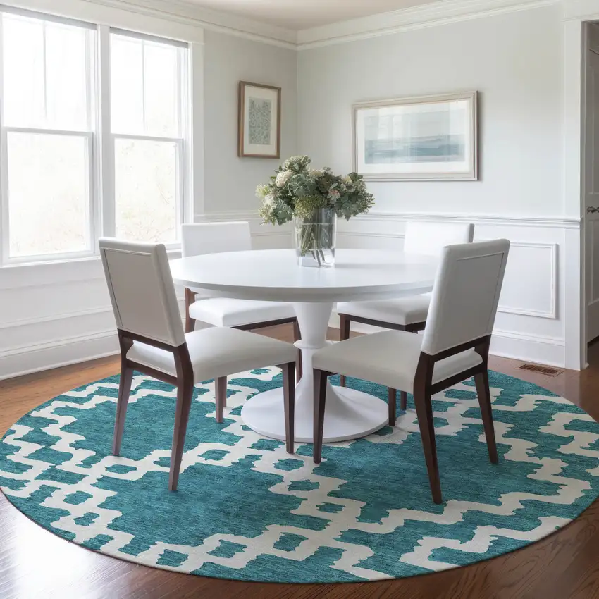 8' Teal Blue And Ivory Round Geometric Washable Indoor Outdoor Area Rug Photo 7