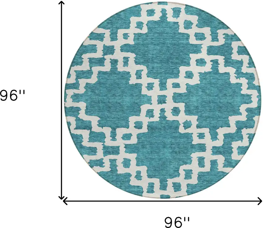 8' Teal Blue And Ivory Round Geometric Washable Indoor Outdoor Area Rug Photo 3
