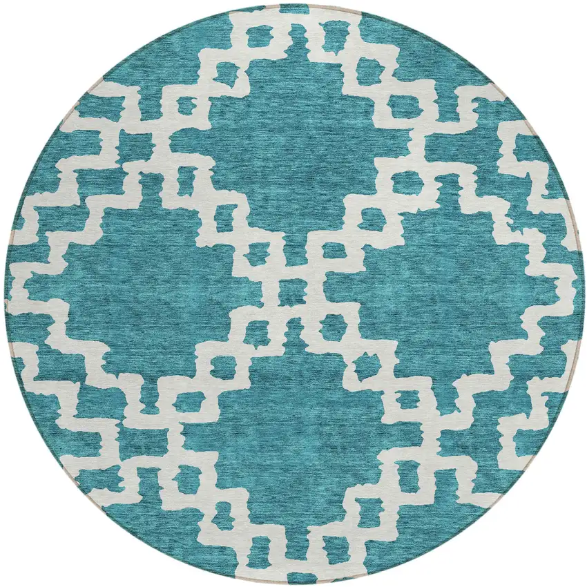 8' Teal Blue And Ivory Round Geometric Washable Indoor Outdoor Area Rug Photo 2