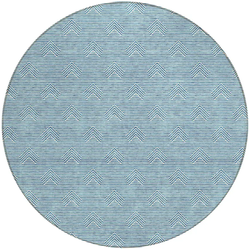 8' Teal Blue And Ivory Round Geometric Washable Indoor Outdoor Area Rug Photo 2