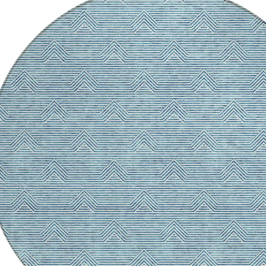 8' Teal Blue And Ivory Round Geometric Washable Indoor Outdoor Area Rug Photo 4