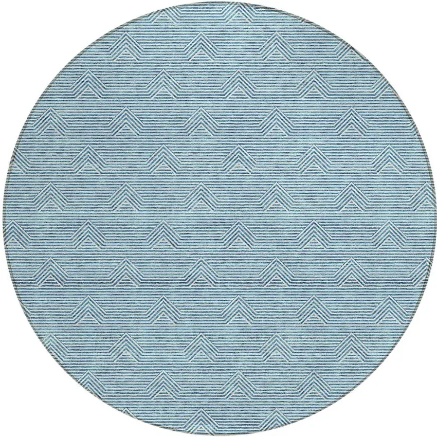8' Teal Blue And Ivory Round Geometric Washable Indoor Outdoor Area Rug Photo 5