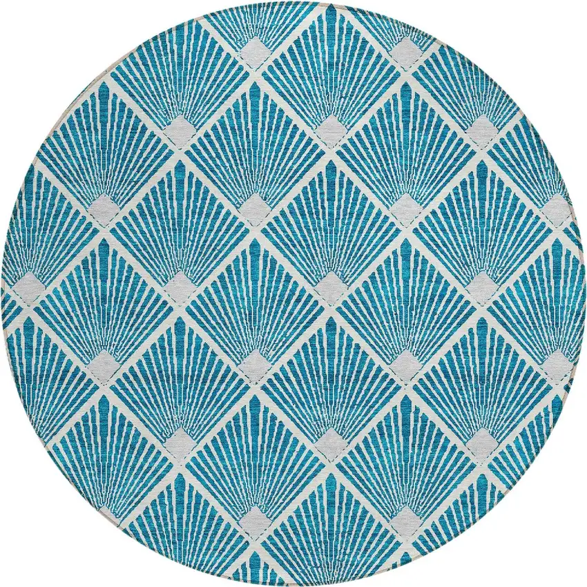 8' Teal Blue And Ivory Round Geometric Washable Indoor Outdoor Area Rug Photo 5