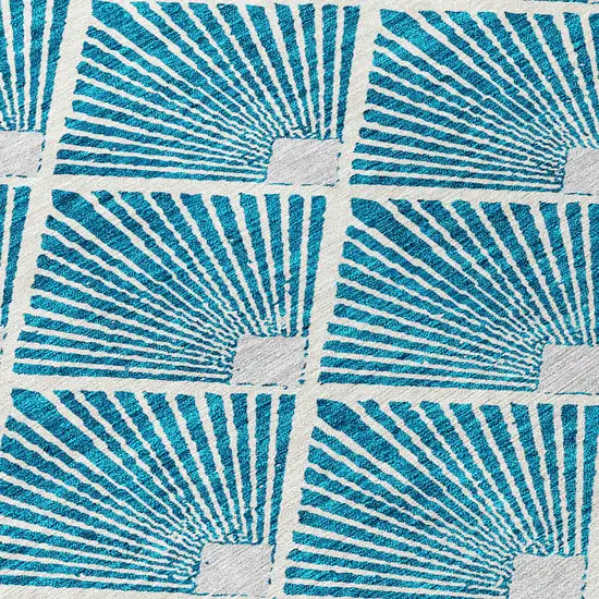 8' Teal Blue And Ivory Round Geometric Washable Indoor Outdoor Area Rug Photo 4