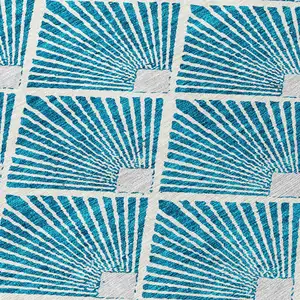 Photo of 8' Teal Blue And Ivory Round Geometric Washable Indoor Outdoor Area Rug