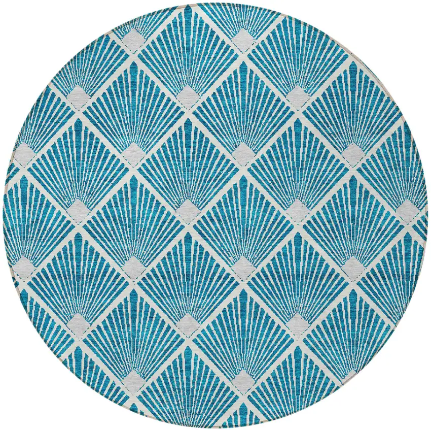 8' Teal Blue And Ivory Round Geometric Washable Indoor Outdoor Area Rug Photo 6