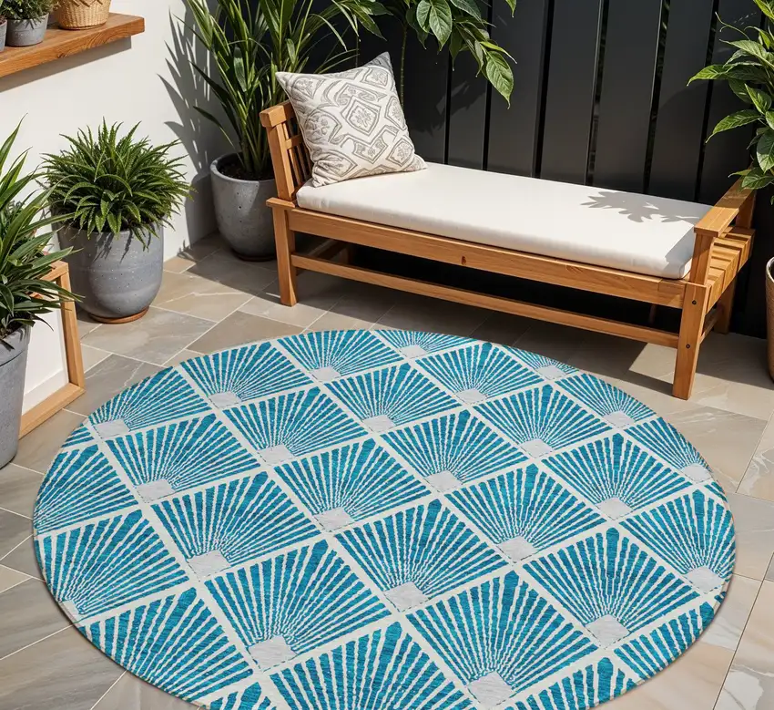 8' Teal Blue And Ivory Round Geometric Washable Indoor Outdoor Area Rug Photo 1