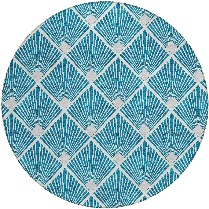 8' Teal Blue And Ivory Round Geometric Washable Indoor Outdoor Area Rug Photo 2