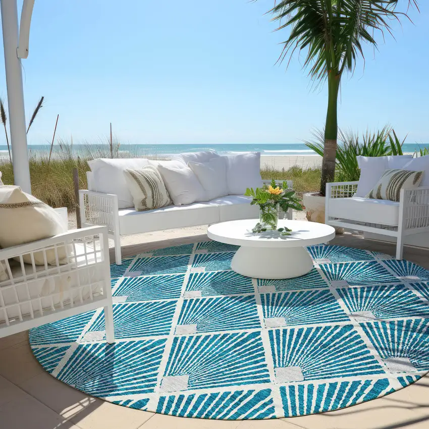 8' Teal Blue And Ivory Round Geometric Washable Indoor Outdoor Area Rug Photo 7