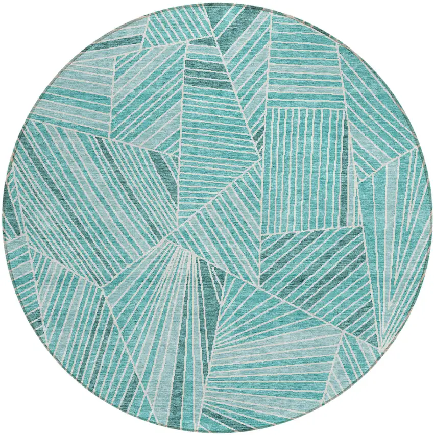 8' Teal Blue And Ivory Round Geometric Washable Indoor Outdoor Area Rug Photo 2
