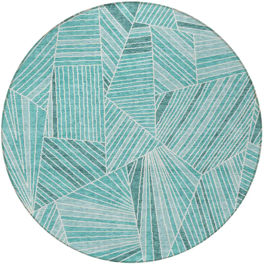 8' Teal Blue And Ivory Round Geometric Washable Indoor Outdoor Area Rug Photo 5