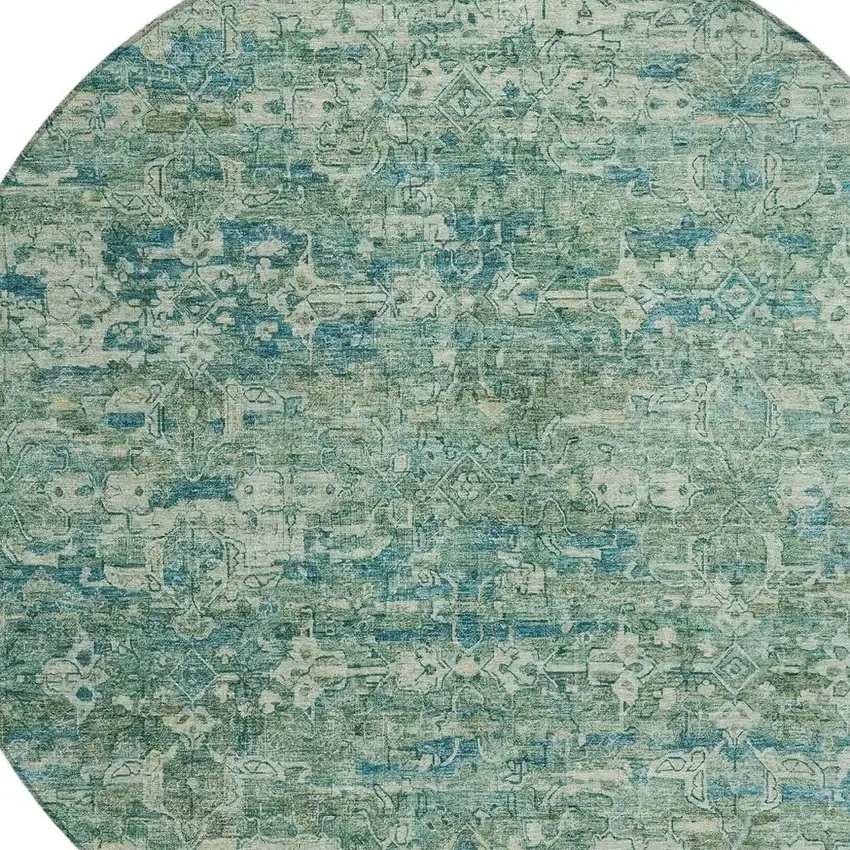 8' Teal Blue And Ivory Round Ikat Washable Indoor Outdoor Area Rug Photo 7