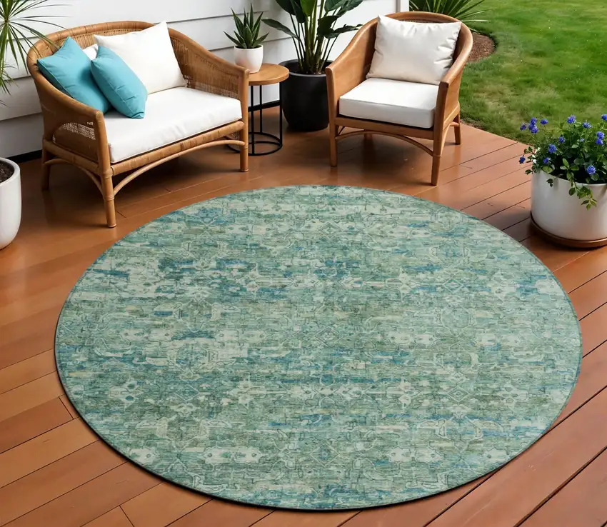 8' Teal Blue And Ivory Round Ikat Washable Indoor Outdoor Area Rug Photo 1