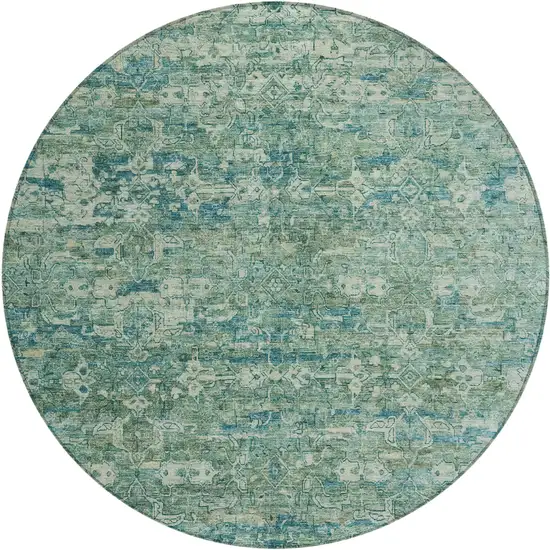 8' Teal Blue And Ivory Round Ikat Washable Indoor Outdoor Area Rug Photo 2