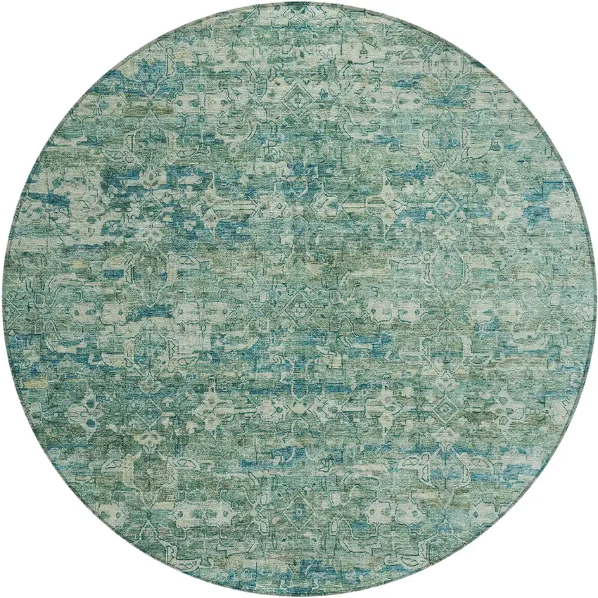 8' Teal Blue And Ivory Round Ikat Washable Indoor Outdoor Area Rug Photo 2