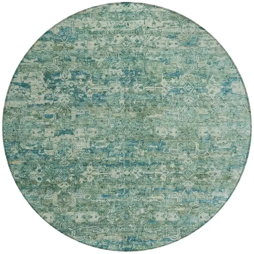 8' Teal Blue And Ivory Round Ikat Washable Indoor Outdoor Area Rug Photo 4