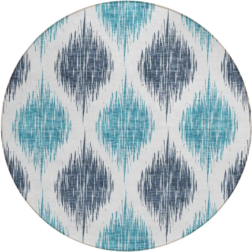 8' Teal Blue And Ivory Round Ikat Washable Indoor Outdoor Area Rug Photo 1