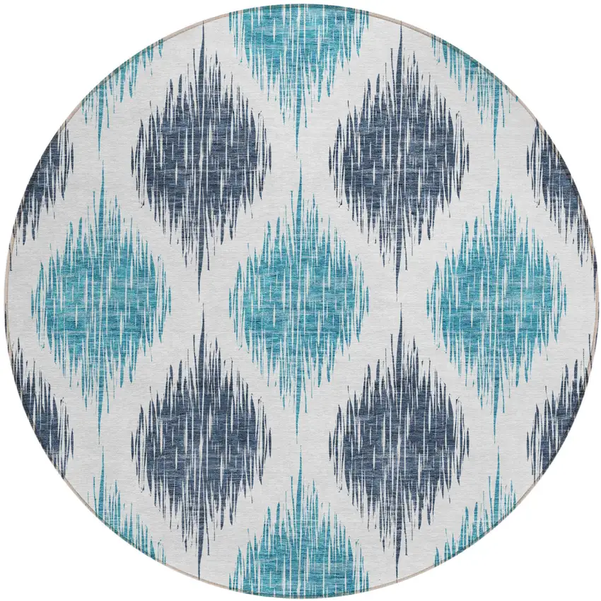 8' Teal Blue And Ivory Round Ikat Washable Indoor Outdoor Area Rug Photo 1