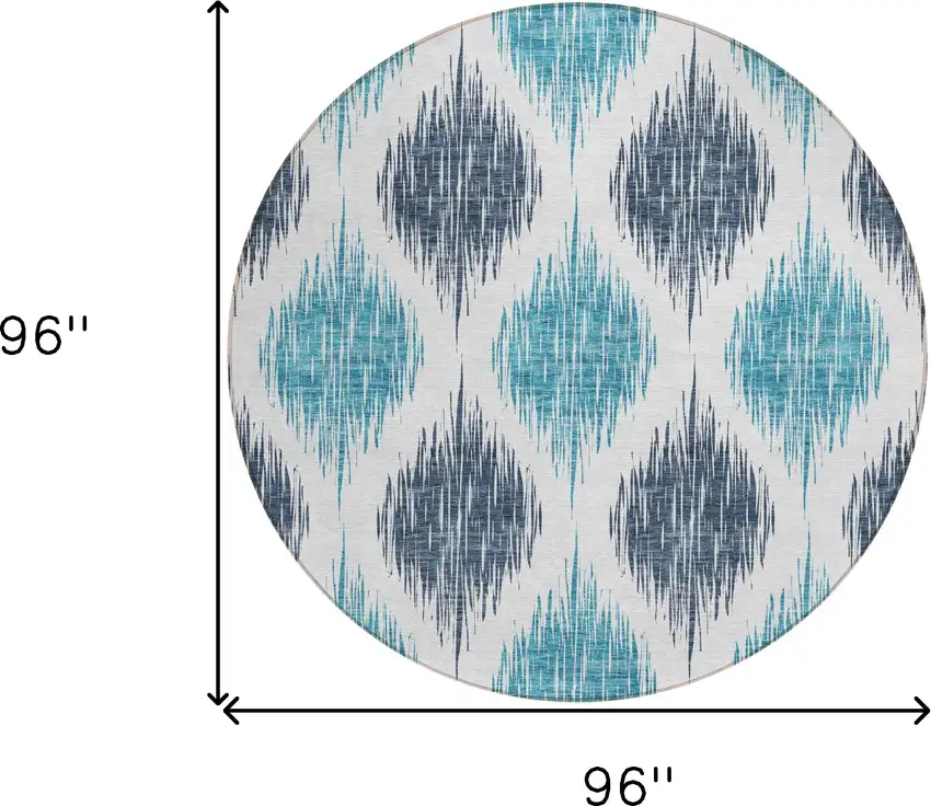 8' Teal Blue And Ivory Round Ikat Washable Indoor Outdoor Area Rug Photo 6