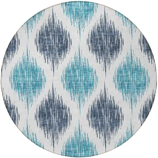 8' Teal Blue And Ivory Round Ikat Washable Indoor Outdoor Area Rug Photo 3