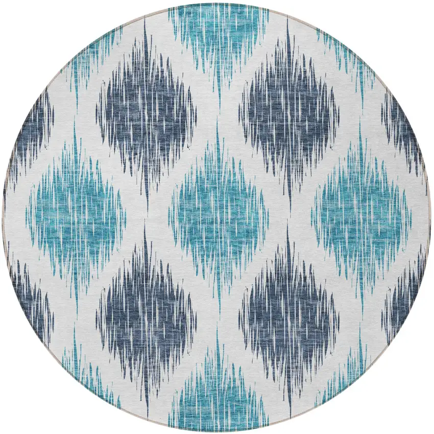 8' Teal Blue And Ivory Round Ikat Washable Indoor Outdoor Area Rug Photo 3