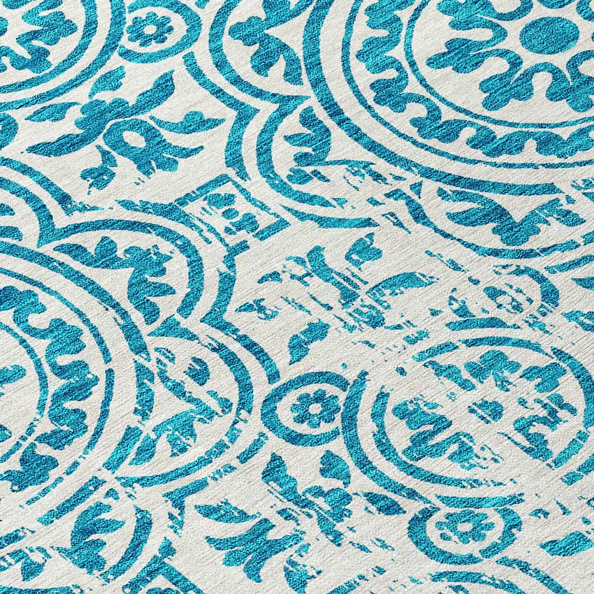8' Teal Blue And Ivory Round Medallion Washable Indoor Outdoor Area Rug Photo 9