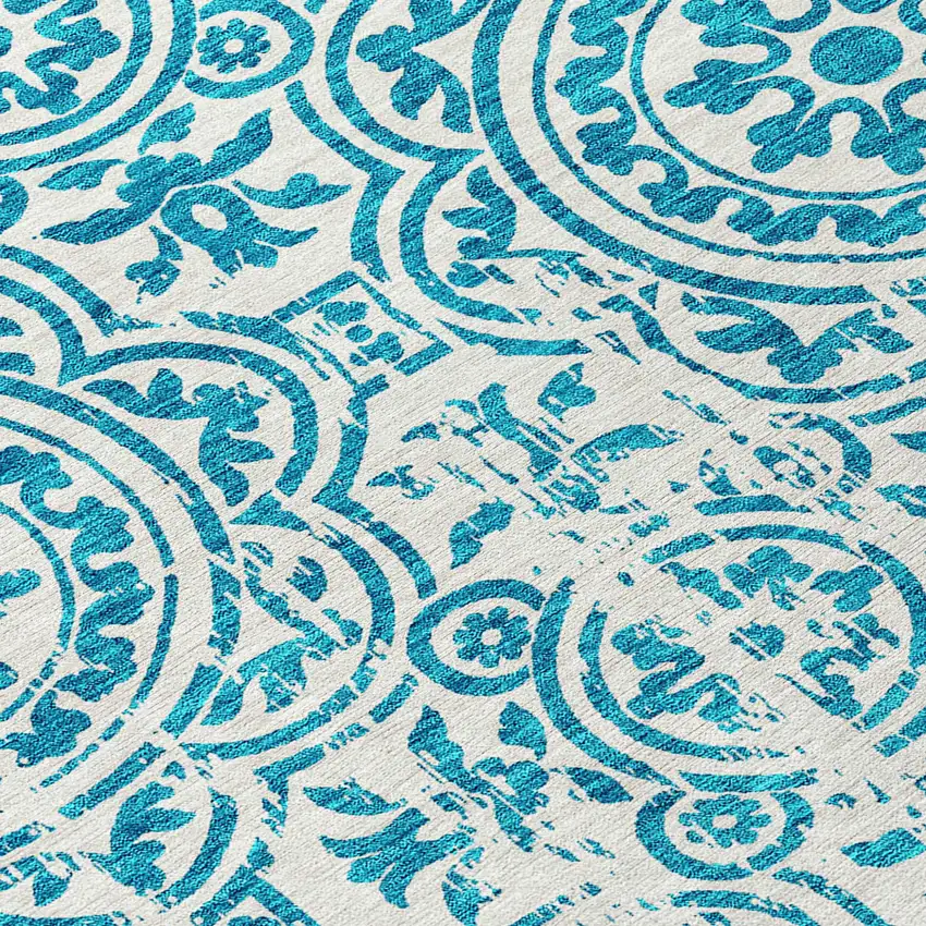 8' Teal Blue And Ivory Round Medallion Washable Indoor Outdoor Area Rug Photo 9