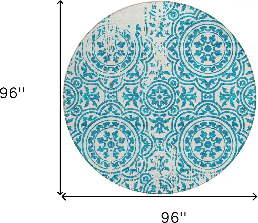 8' Teal Blue And Ivory Round Medallion Washable Indoor Outdoor Area Rug Photo 8